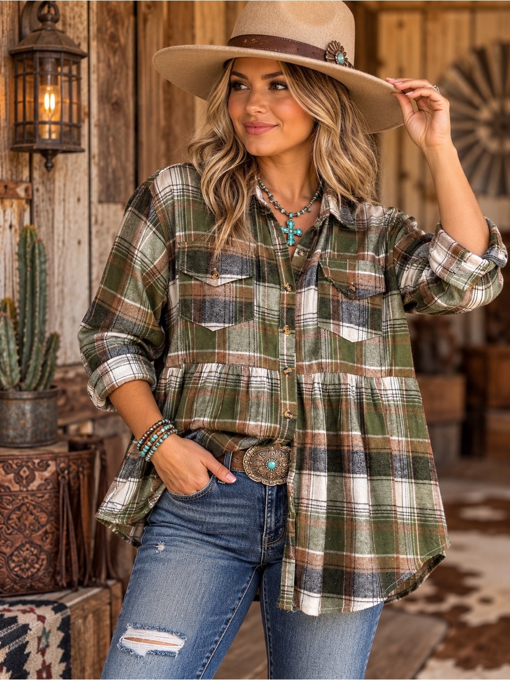 Green Brown Plaid Babydoll Flannel Shacket Top XL Western Boho